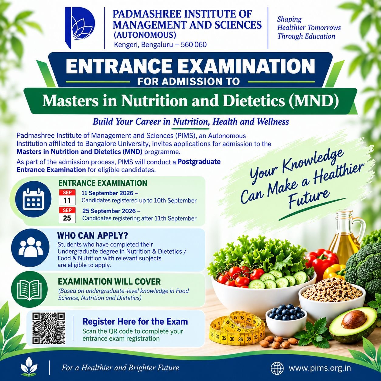 M.Sc. Nutrition & Dietetics Entrance Exam 2026 at PIMS Bangalore f