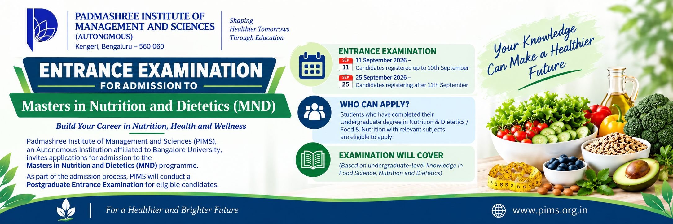 M.Sc. Nutrition & Dietetics Entrance Exam 2026 at PIMS Bangalore